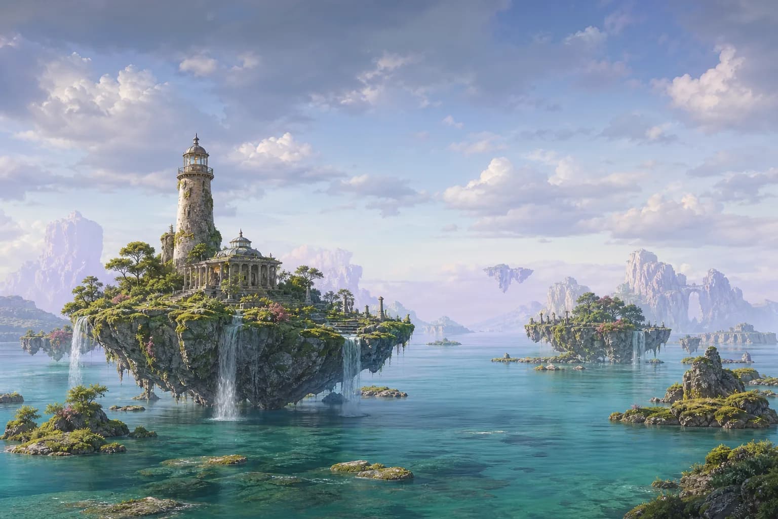 Schwebende grüne Inseln, Wasserfälle, Leuchtturmtempel und fantastisches Meer