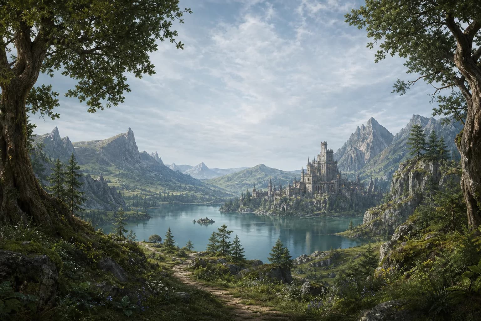 Verzaubertes Bergtal mit See, alter Zitadelle, Bergen und Waldpfad